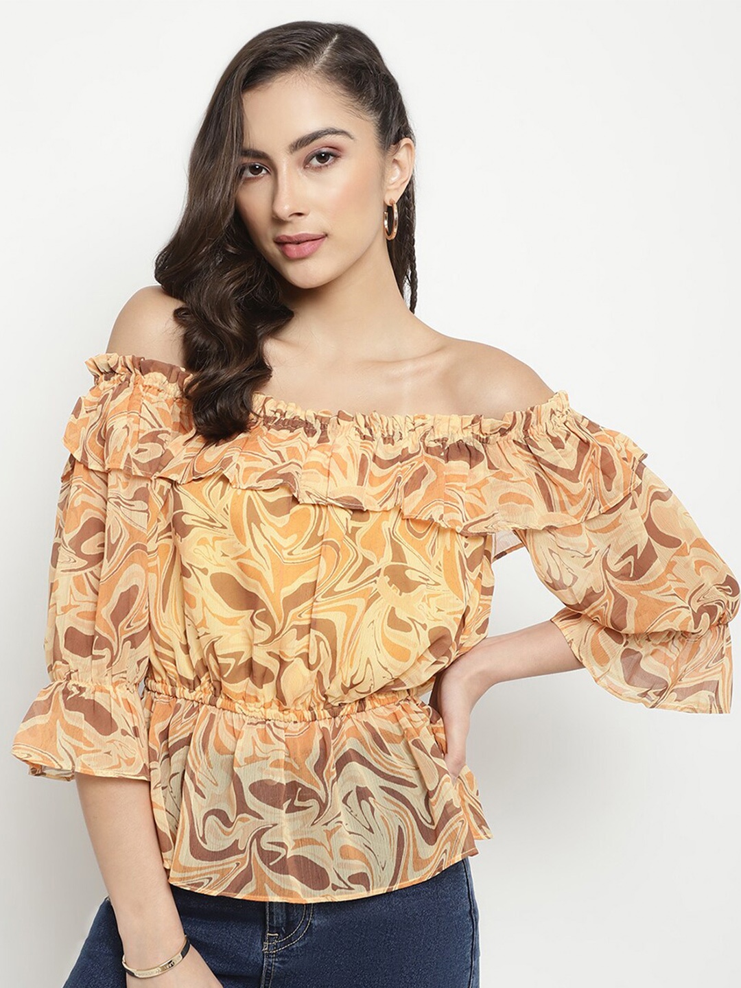 

METTLE Abstract Printed Off-Shoulder Bardot Top, Yellow