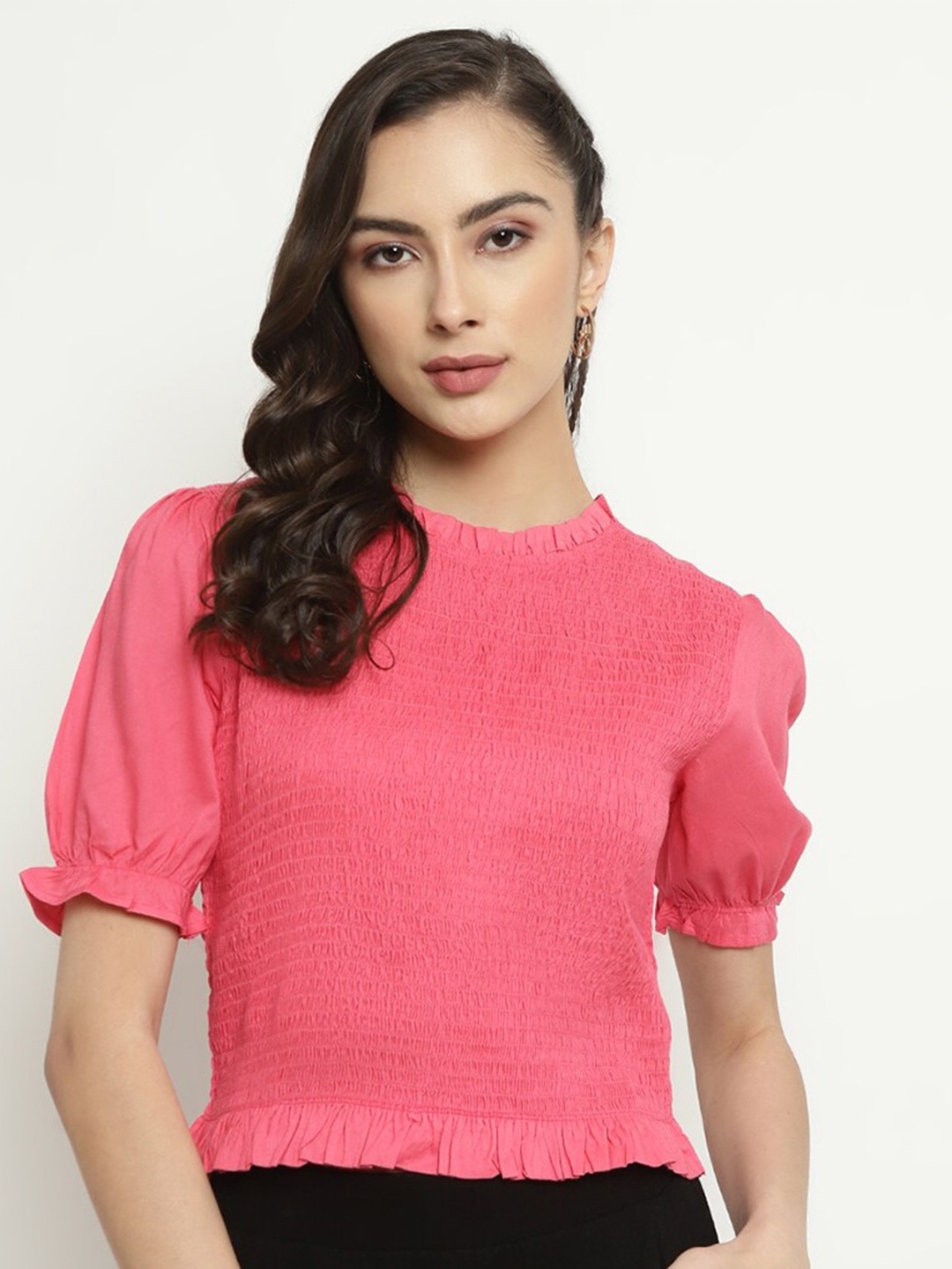 

METTLE Puff Sleeves Smocked Cotton Top, Pink