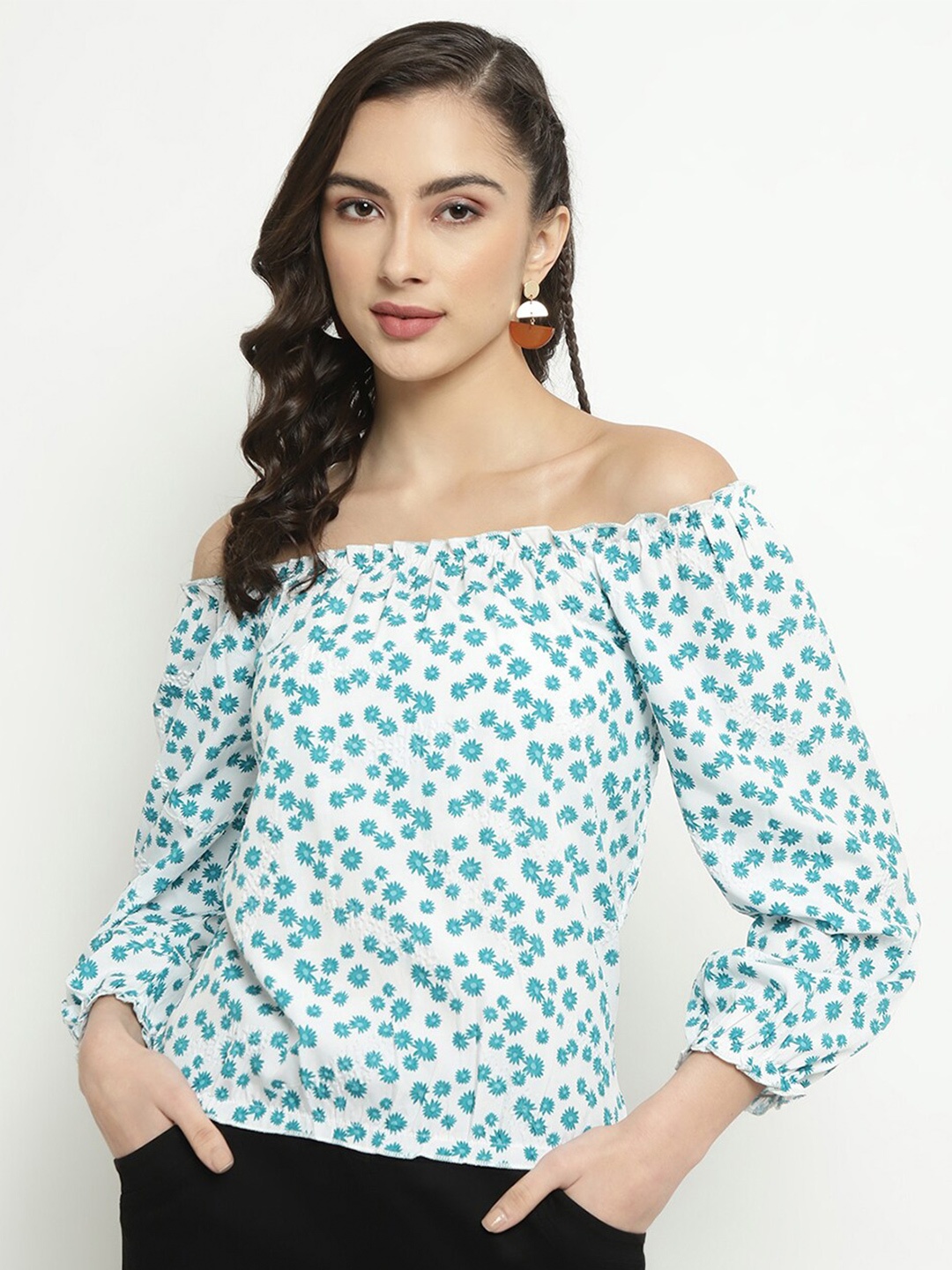 

METTLE Floral Print Off-Shoulder Cotton Bardot Top, Green