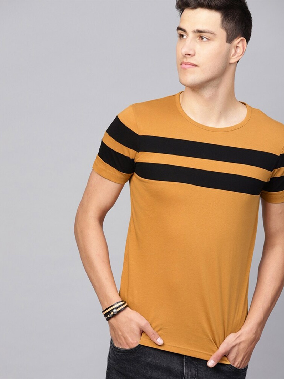 

Eyebogler Striped Round Neck Cotton T-shirt, Mustard