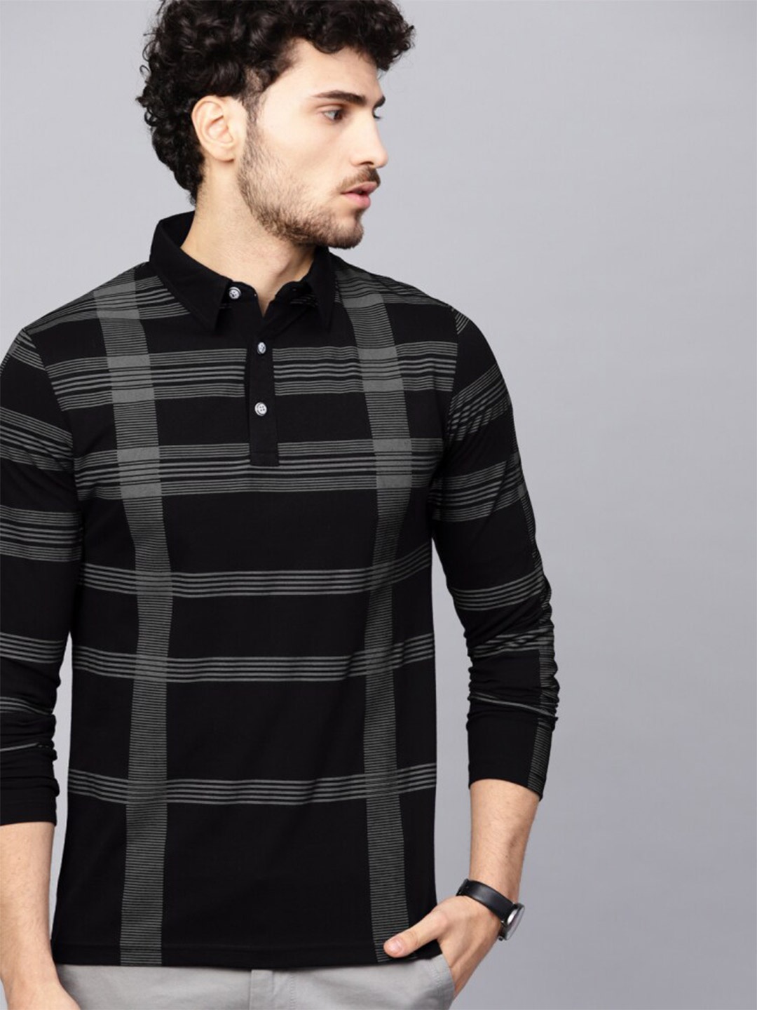 

Eyebogler Checked Band Collar Long Sleeves Cotton T-shirt, Black