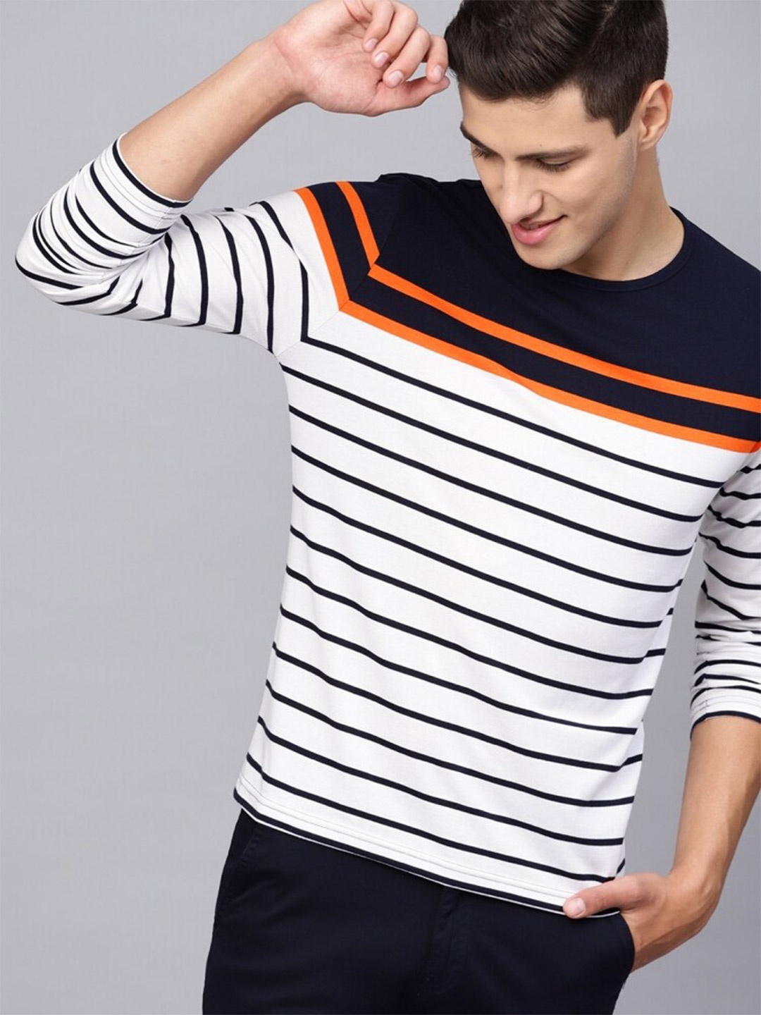 

Eyebogler Striped Long Sleeves Cotton T-shirt, Navy blue