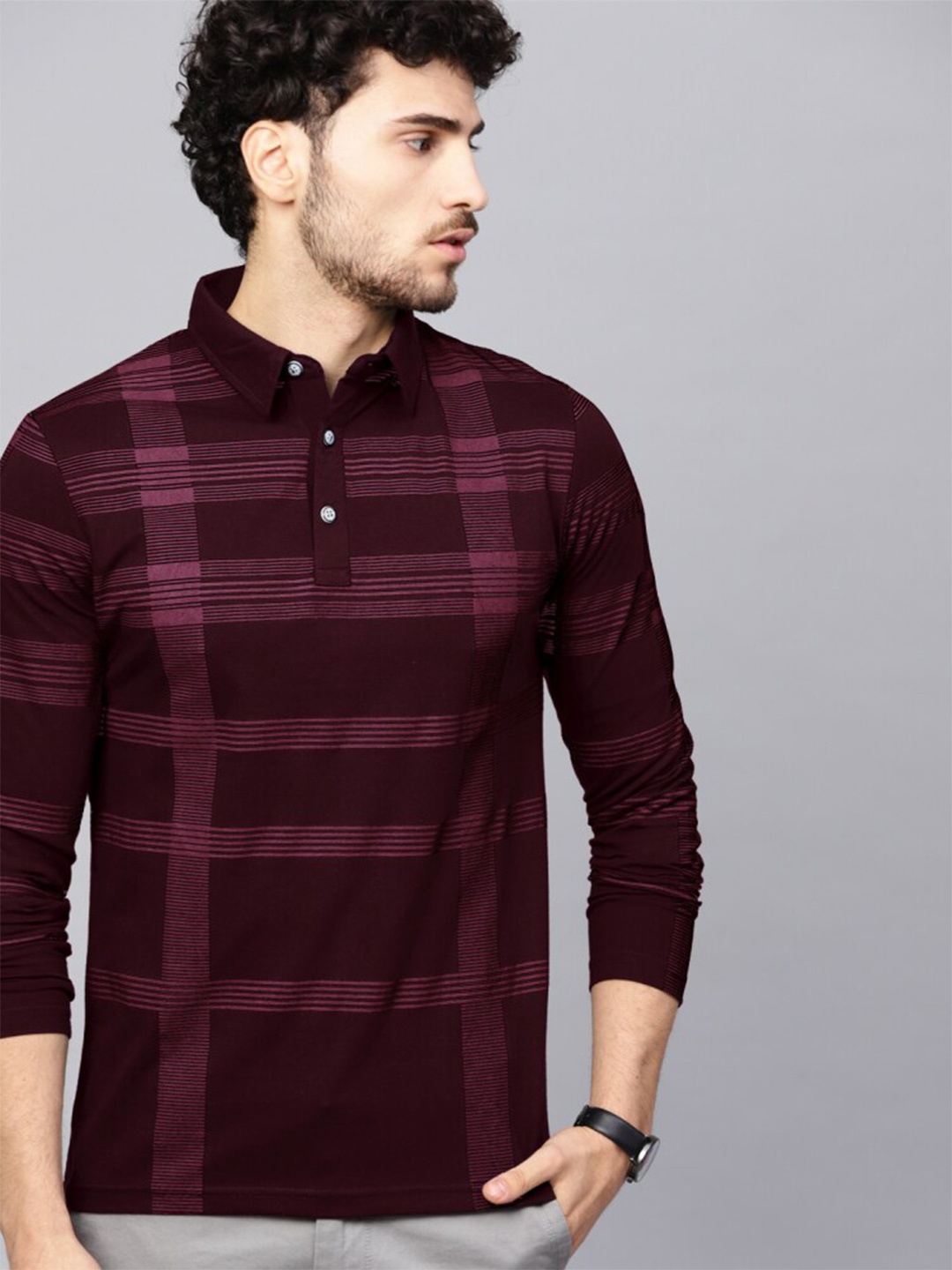 

Eyebogler Checked Band Collar Long Sleeves Cotton T-shirt, Maroon