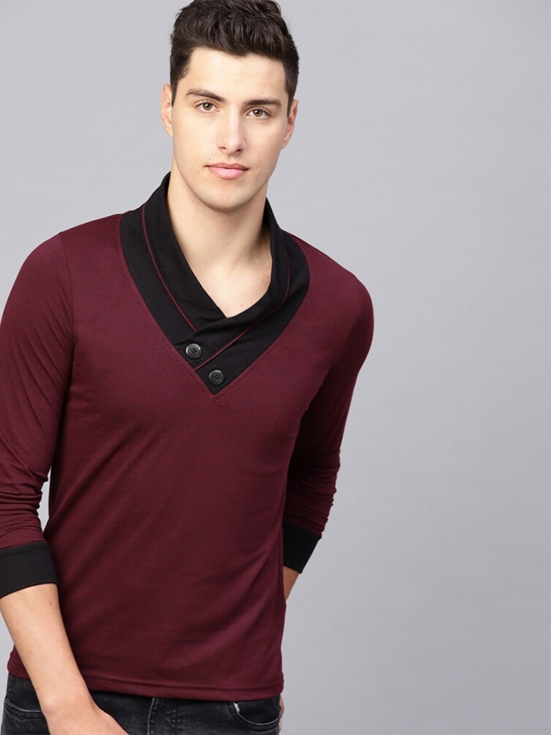 

Eyebogler V-Neck Long Sleeves Cotton T-shirt, Maroon