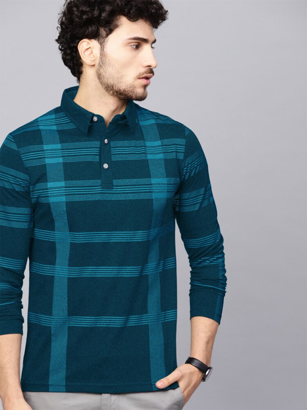 

Eyebogler Checked Band Collar Long Sleeves Cotton T-shirt, Teal