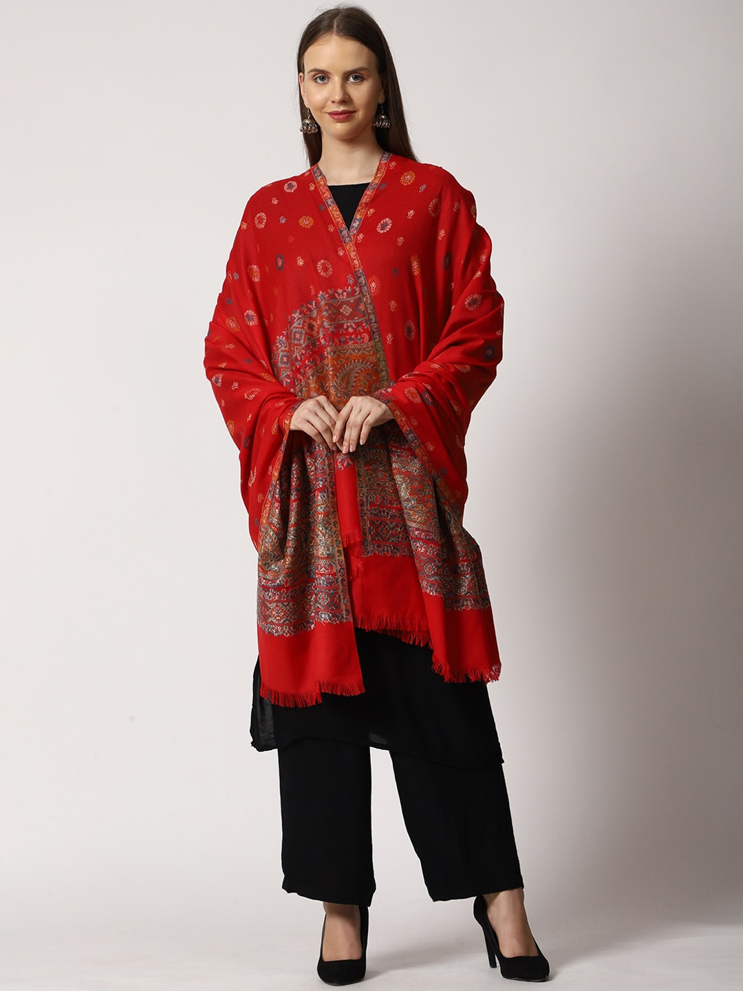 

SWI Stylish Women Ethnic Motif Woven Design Wool Kaani Shawl, Red
