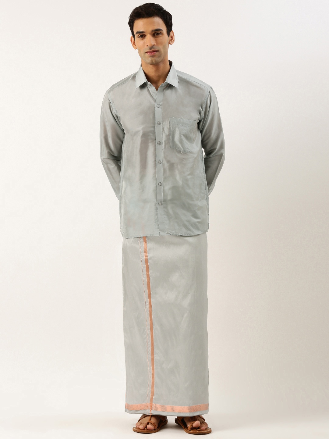 

THANGAMAGAN Men Shirt & Veshti Set, Grey