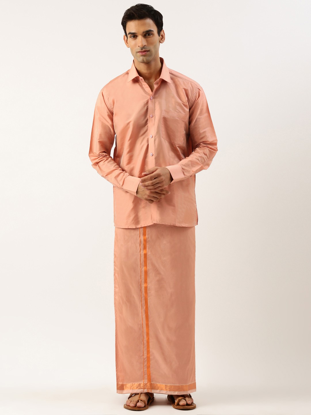 

THANGAMAGAN Men Shirt & Veshti Set, Copper