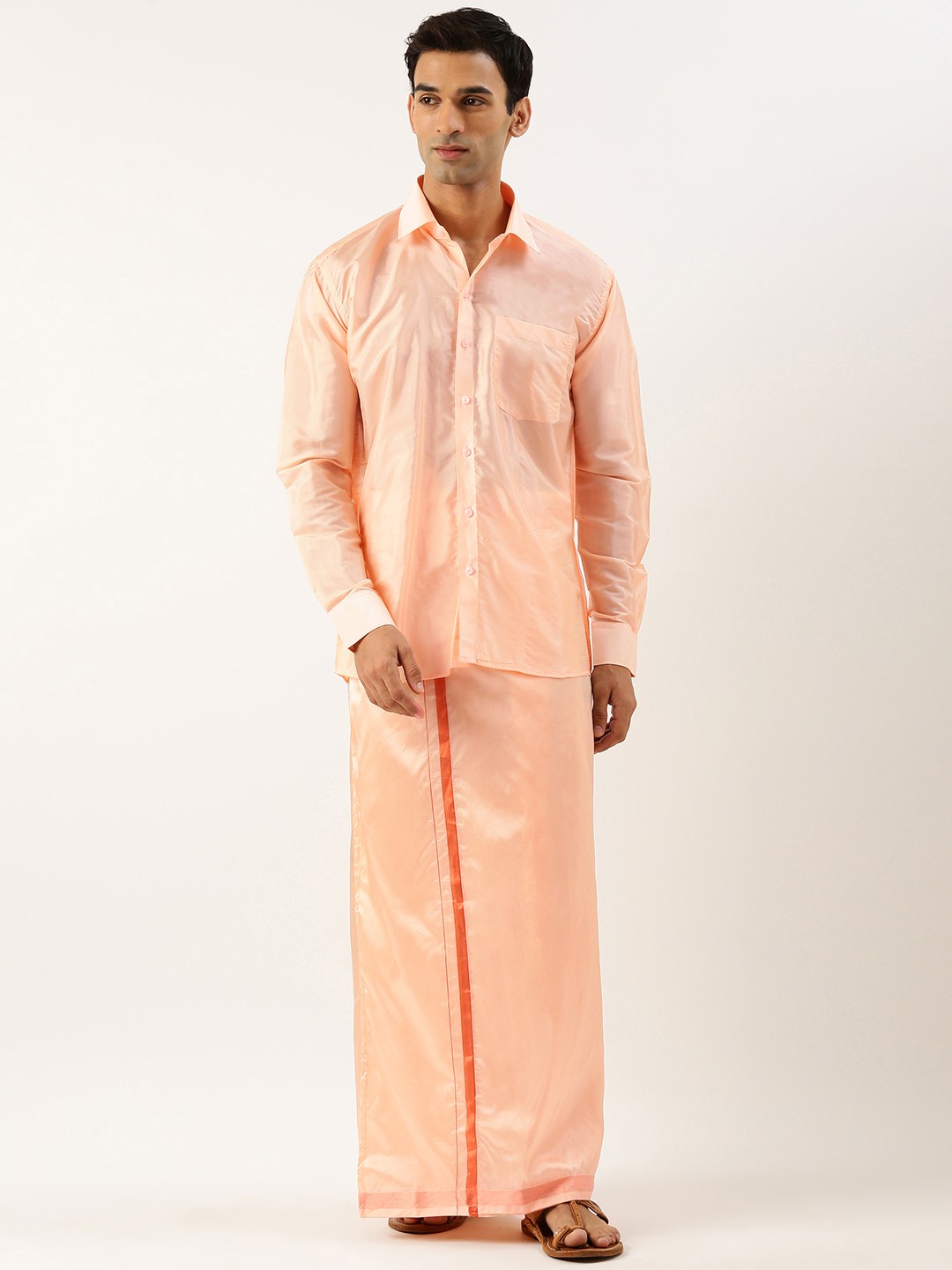 

THANGAMAGAN Men Shirt & Veshti Set, Peach