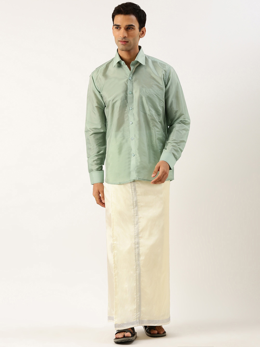 

THANGAMAGAN Men Shirt & Veshti Set, Grey