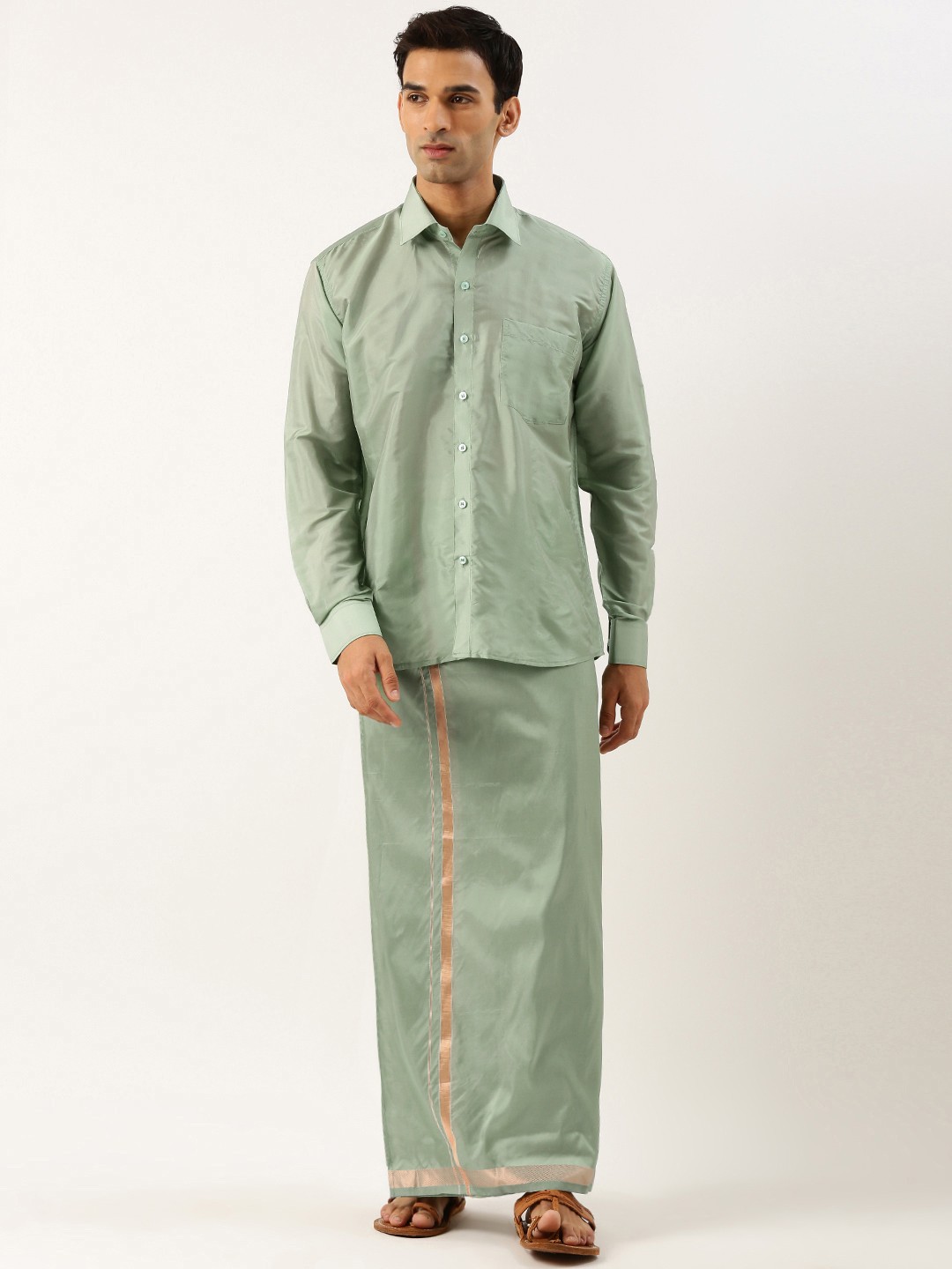 

THANGAMAGAN Men Shirt & Veshti Set, Green