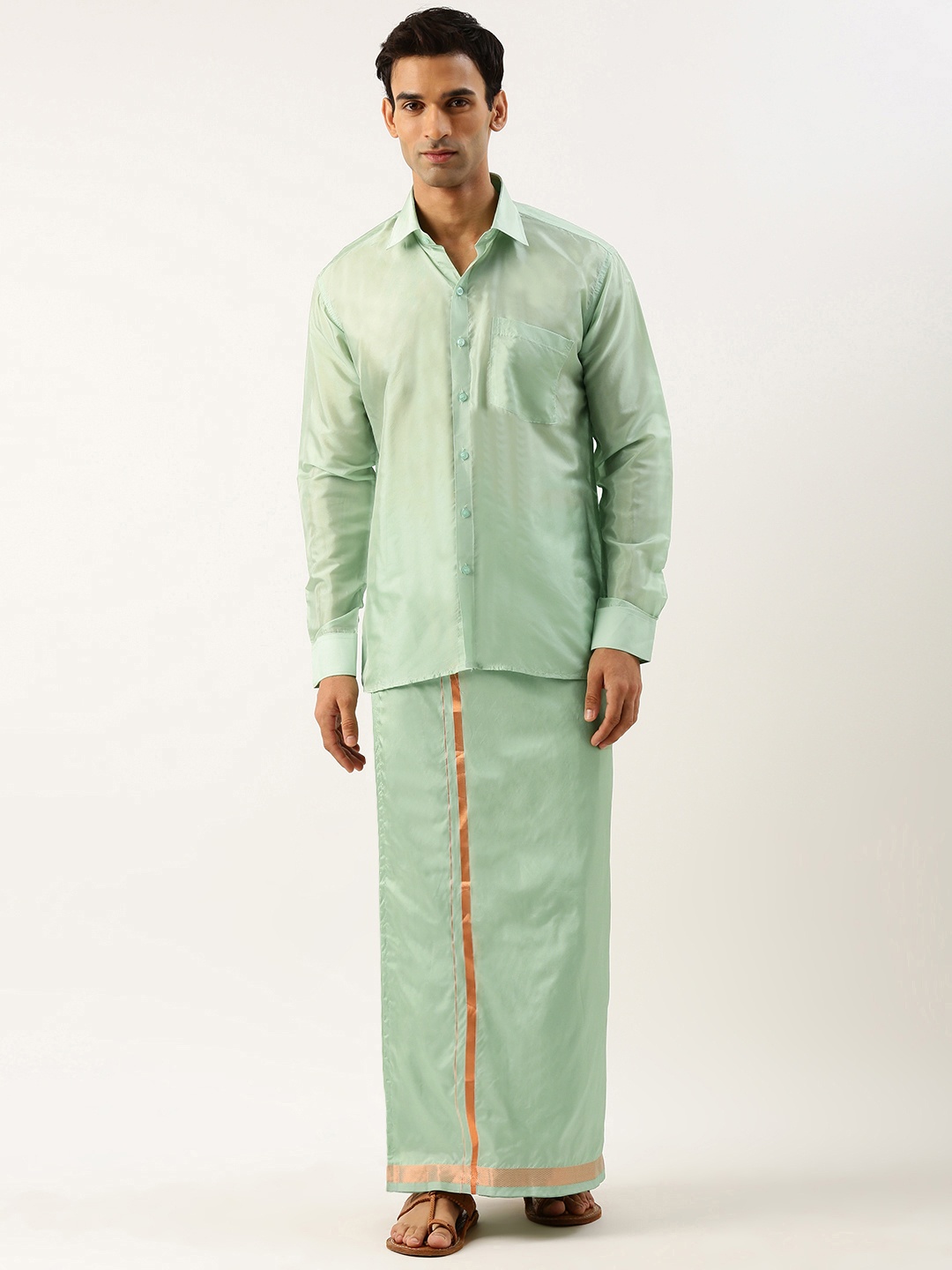 

THANGAMAGAN Men Shirt & Veshti Set, Green