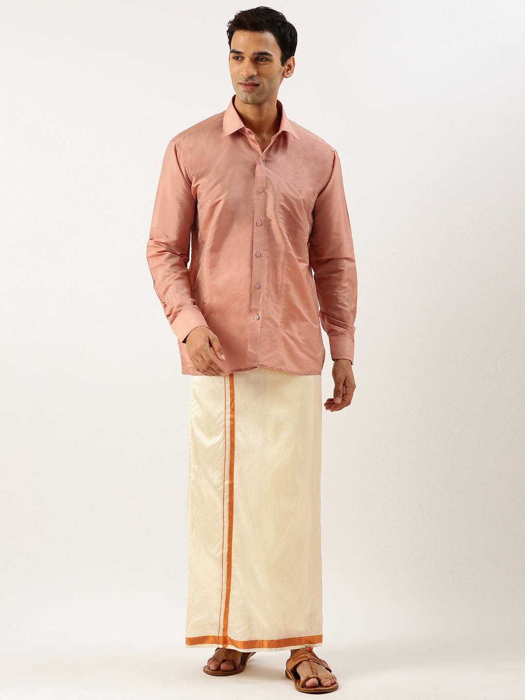 

THANGAMAGAN Men Shirt & Veshti Set, Copper