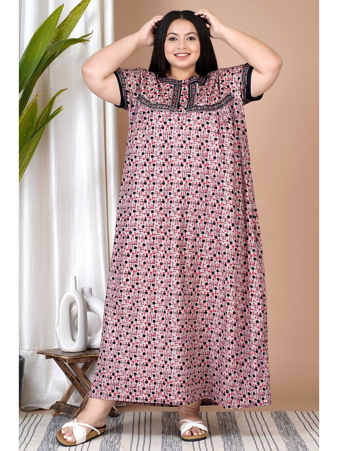 

SP DESIGNS Plus Size Geometric Printed Pure Cotton Nightdress, Pink