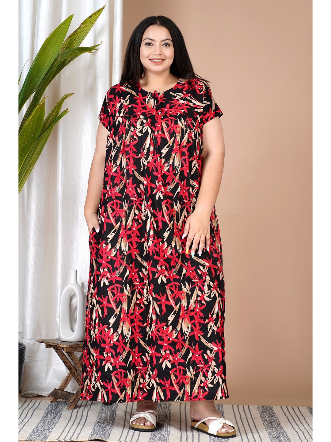 

SP DESIGNS Plus Size Floral Printed Pure Cotton Nightdress, Red