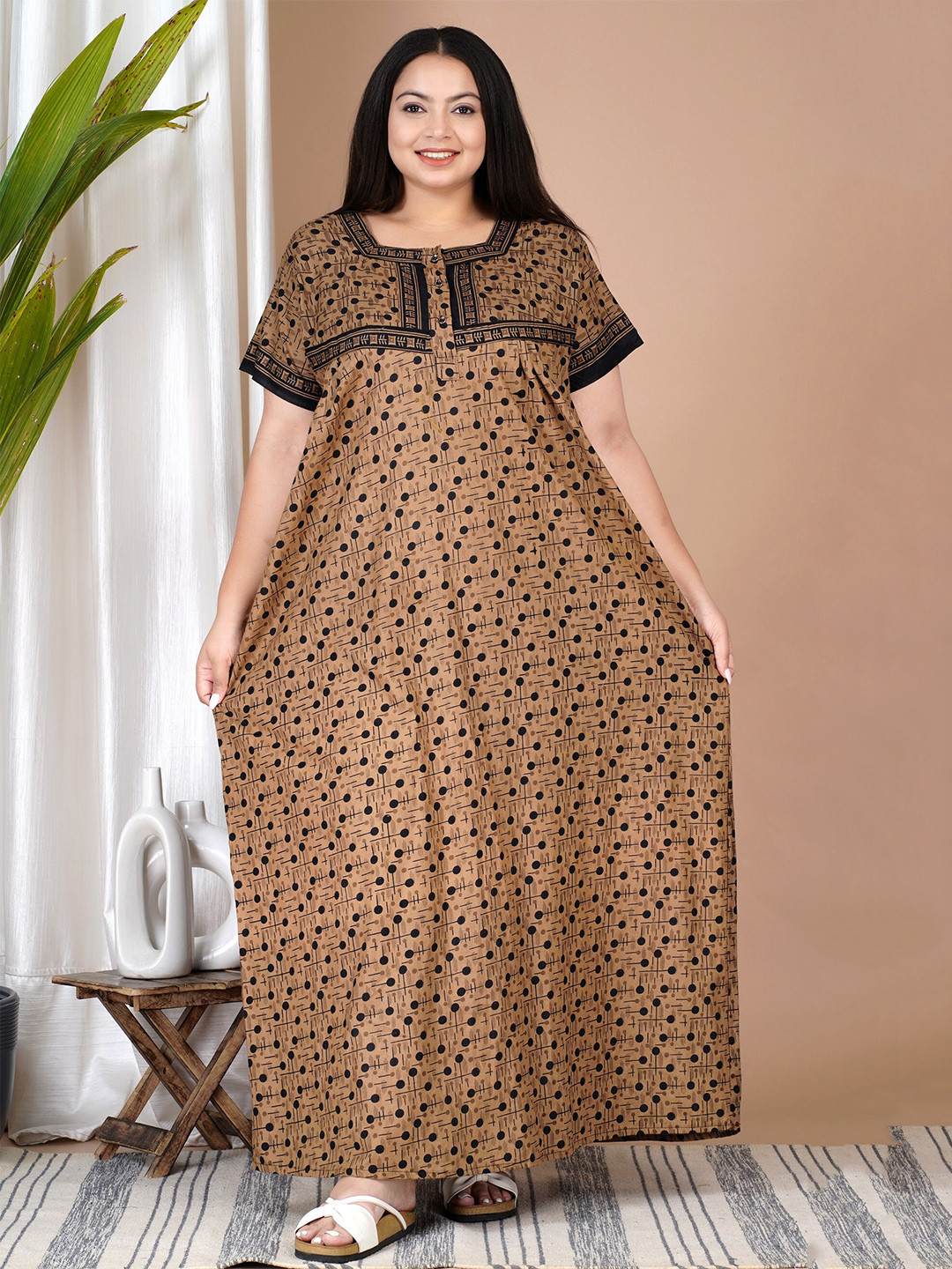 

SP DESIGNS Plus Size Geometric Printed Pure Cotton Nightdress, Brown