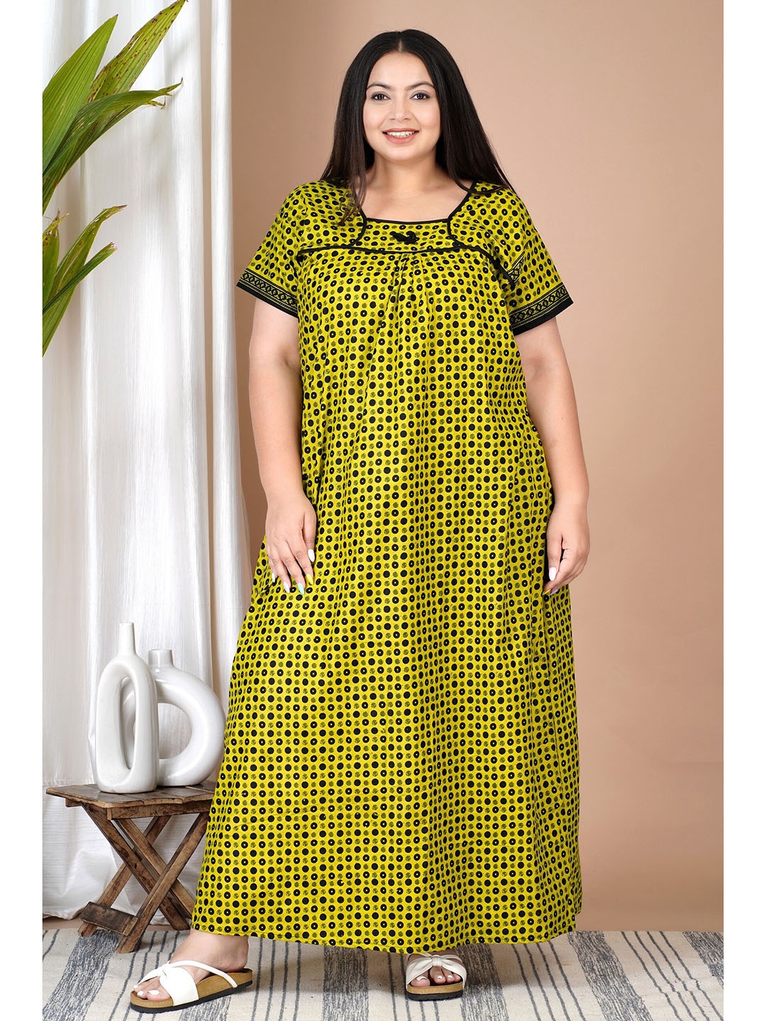

SP DESIGNS Plus Size Geometric Printed Pure Cotton Nightdress, Green