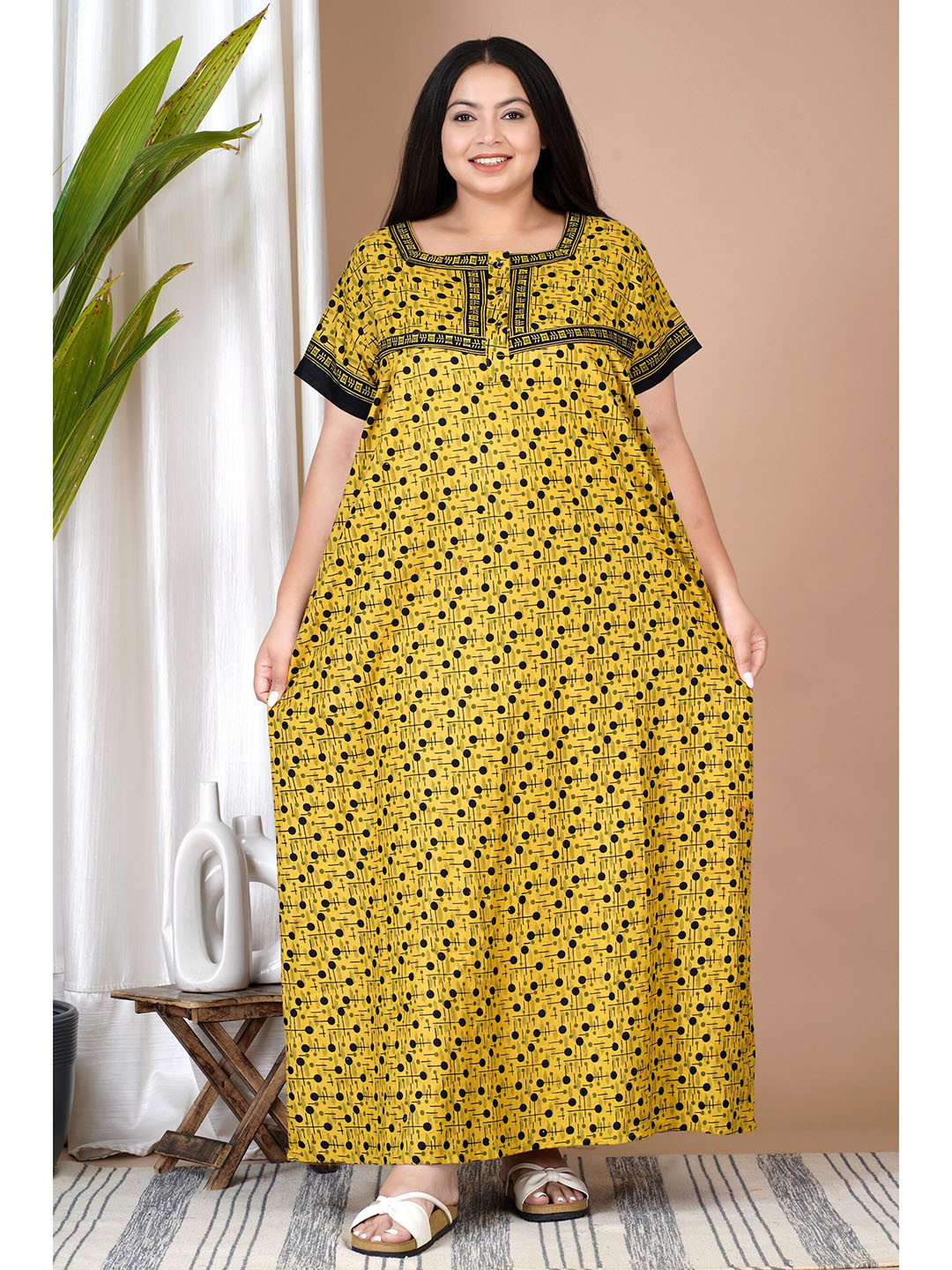 

SP DESIGNS Plus Size Geometric Printed Pure Cotton Nightdress, Mustard