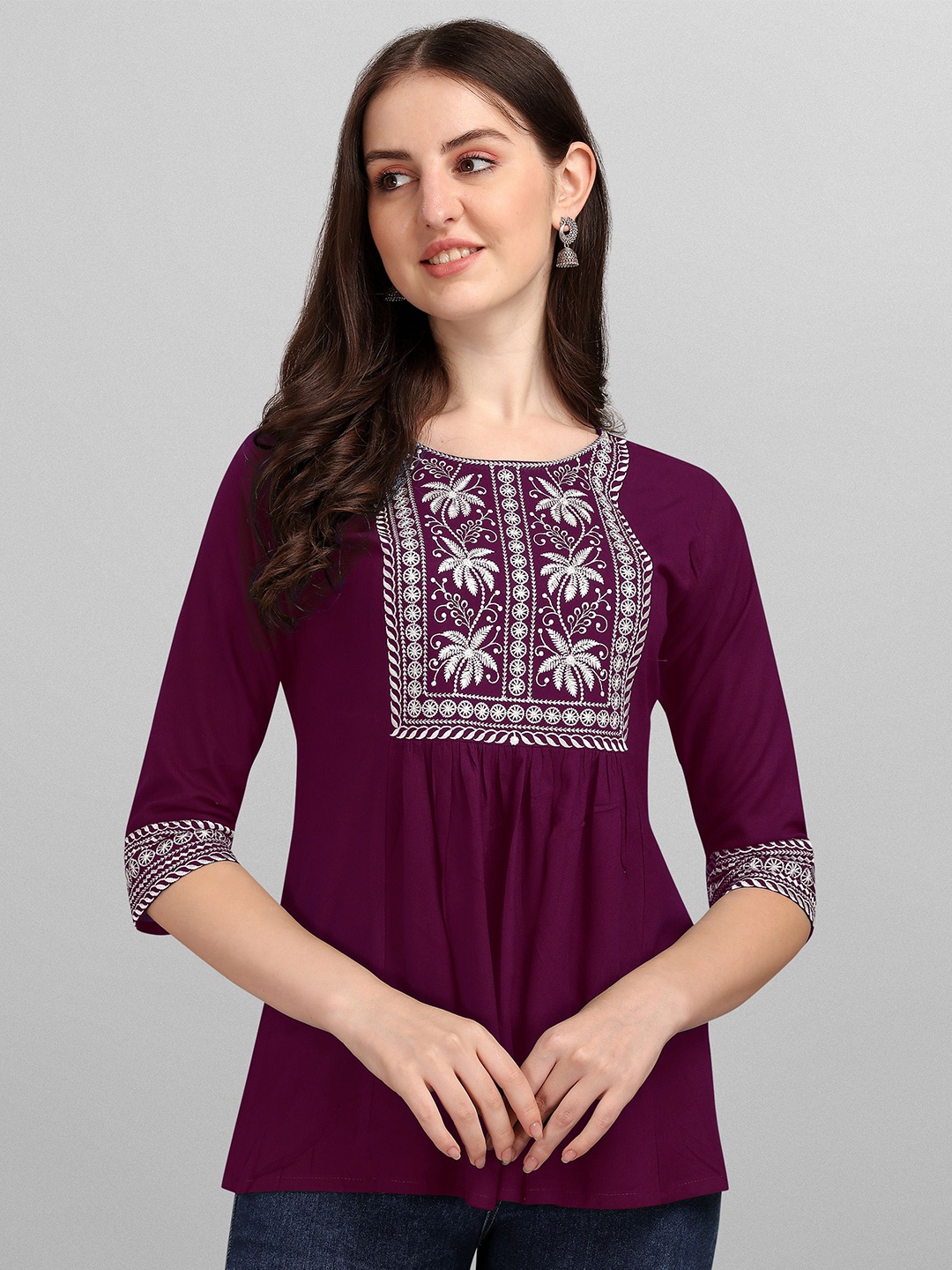 

Shree Ramkrishna Fab Ethnic Motif Embroidered Opaque A-Line Top, Purple