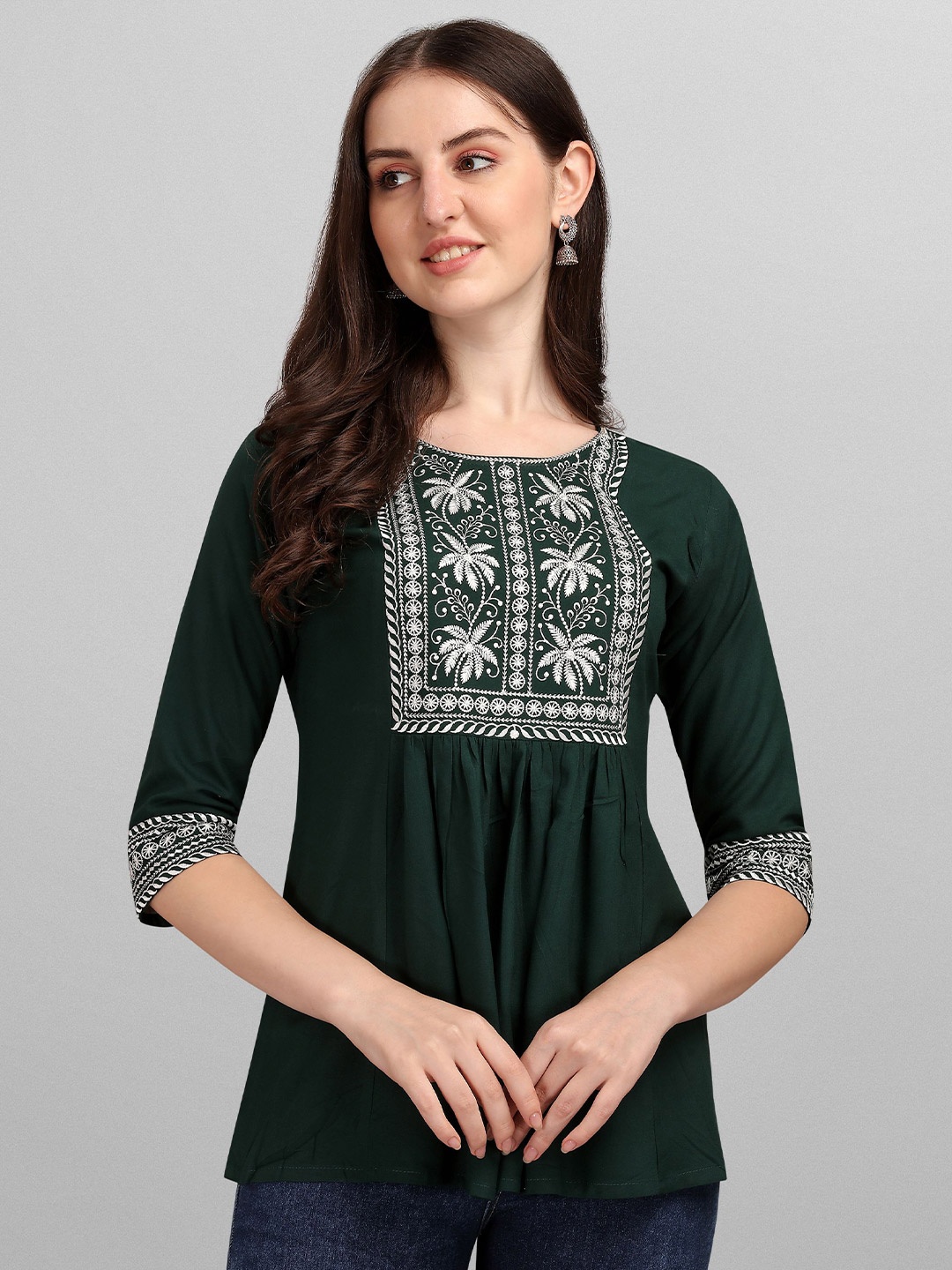 

Shree Ramkrishna Fab Gathered Ethnic Motifs Embroidered A-Line Tunic, Green