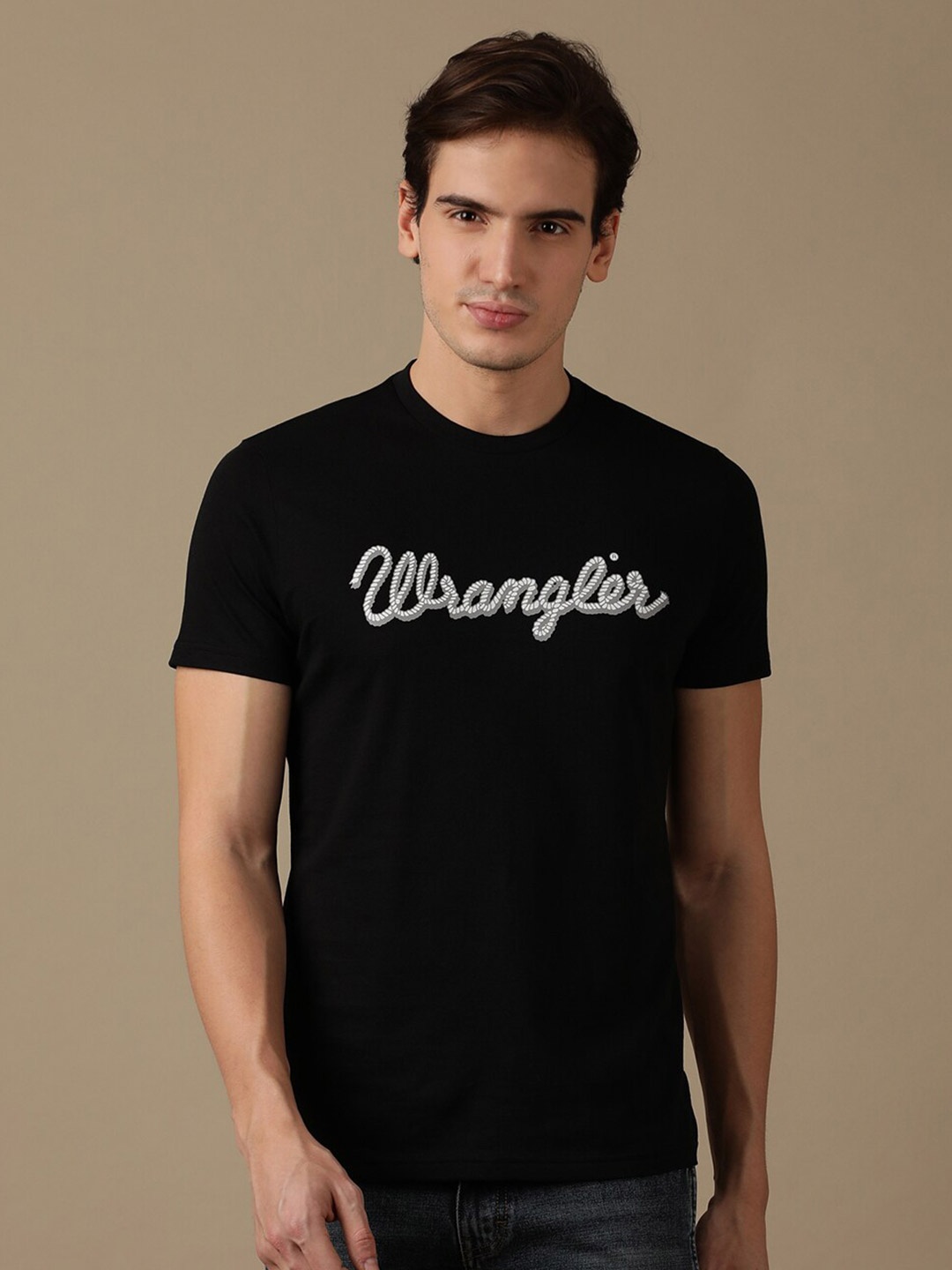 Wrangler Typography Printed Round Neck Short Sleeves Cotton T-shirt, Black