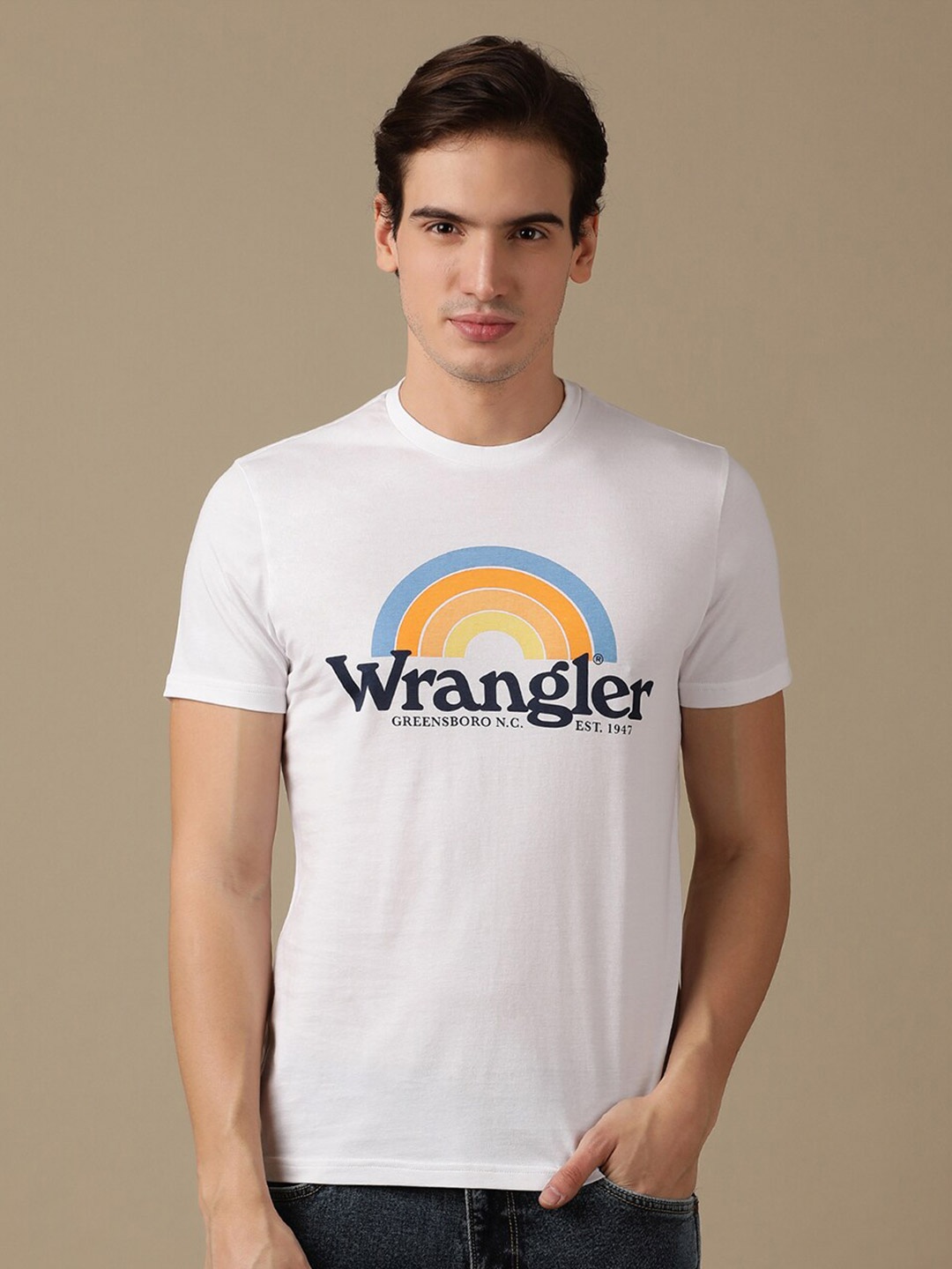 

Wrangler Typography Printed Round Neck Short Sleeves Cotton T-shirt, White