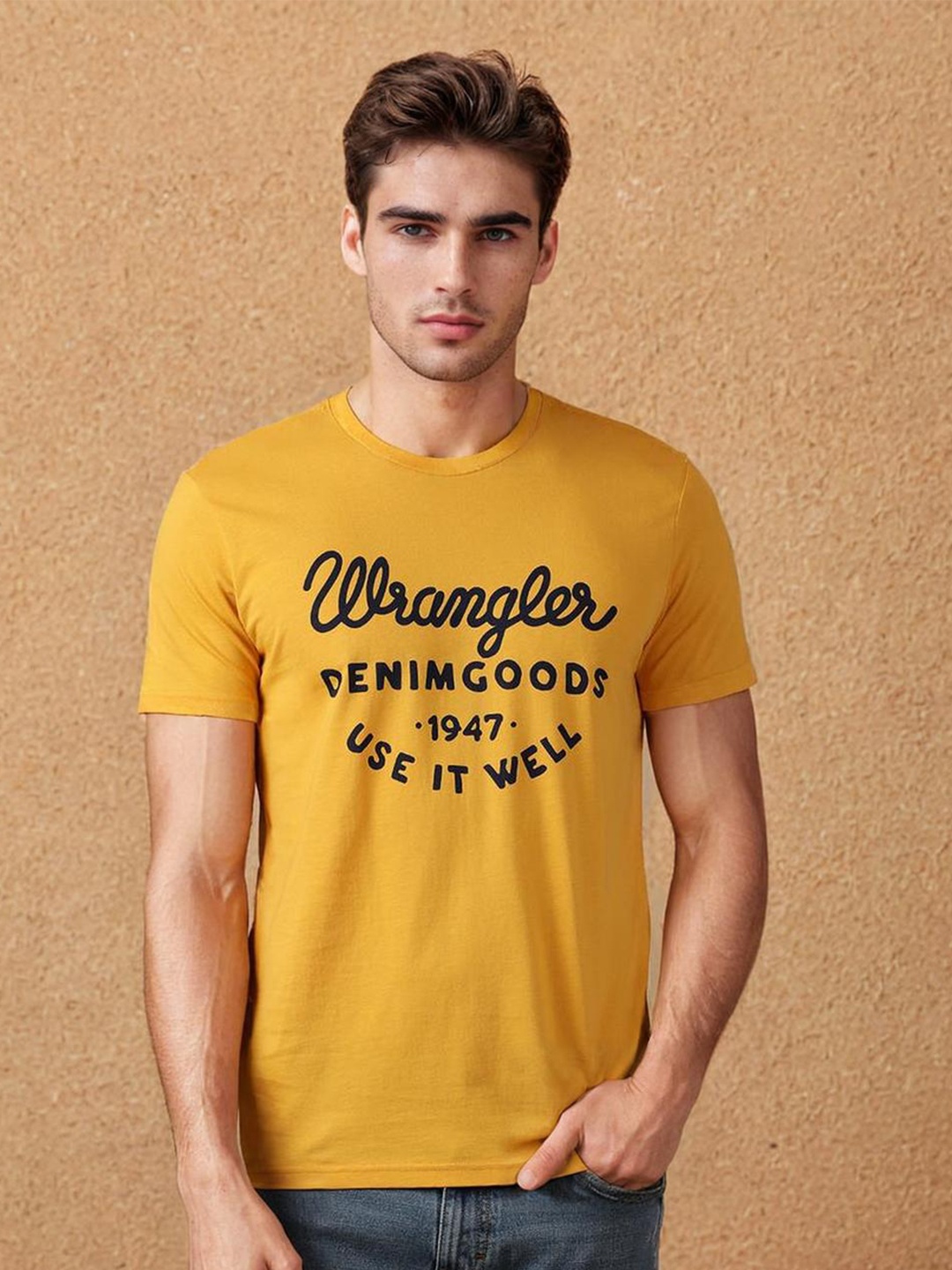 Wrangler Typography Printed Round Neck Short Sleeves Cotton T-shirt, Yellow