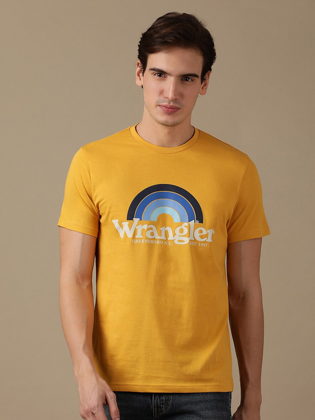 

Wrangler Typography Printed Round Neck Short Sleeves Cotton T-shirt, Yellow