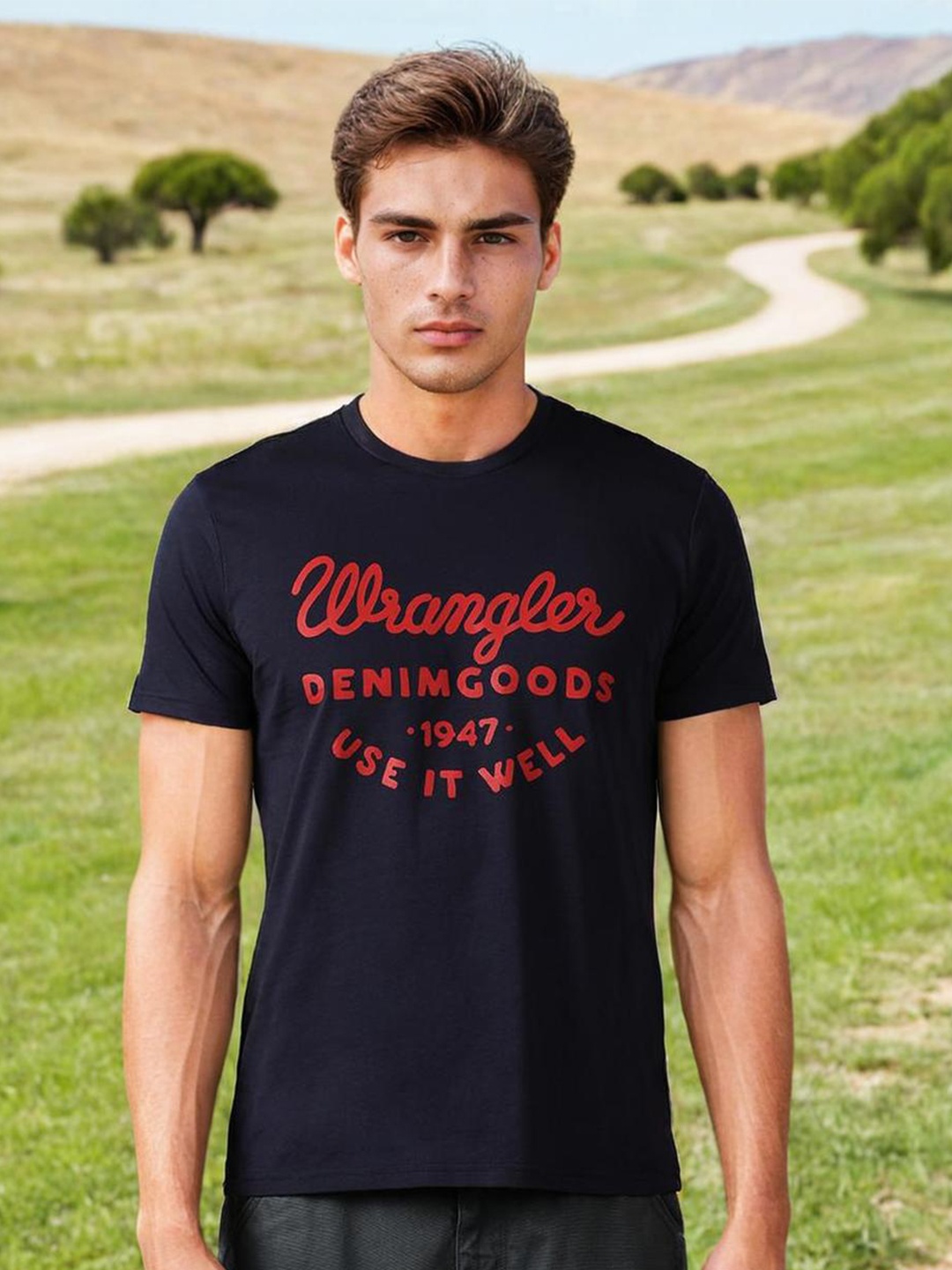 

Wrangler Typography Printed Round Neck Short Sleeves Cotton T-shirt, Navy blue