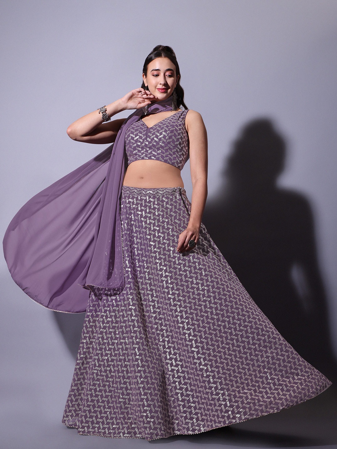 

ASPORA Embellished Sequinned V-Neck Ready to Wear Lehenga & Blouse With Dupatta, Lavender