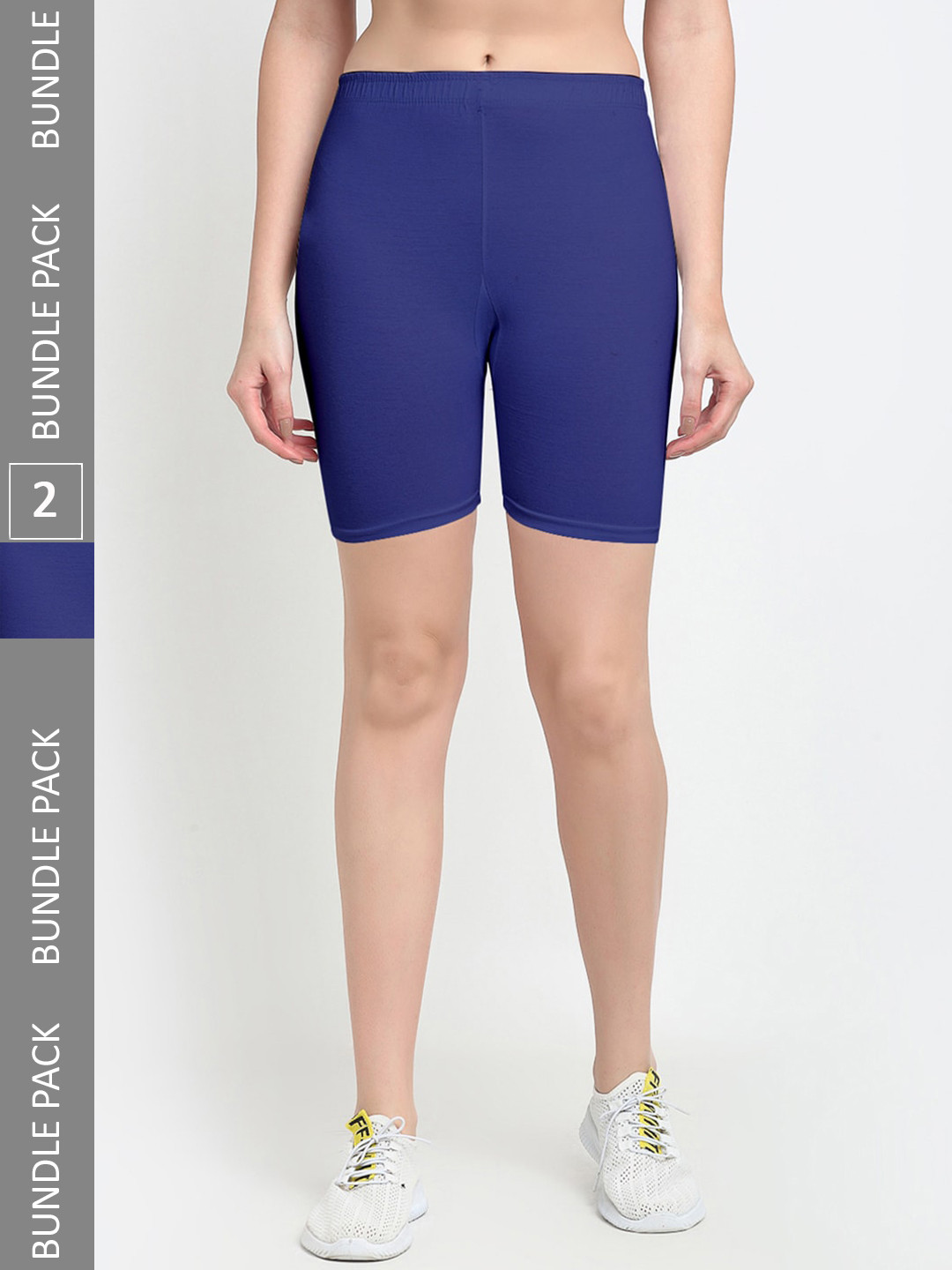 

Jinfo Women Pack Of 2 Mid Raise Four Way Super Commed Lycra Cycling Sports Shorts, Blue