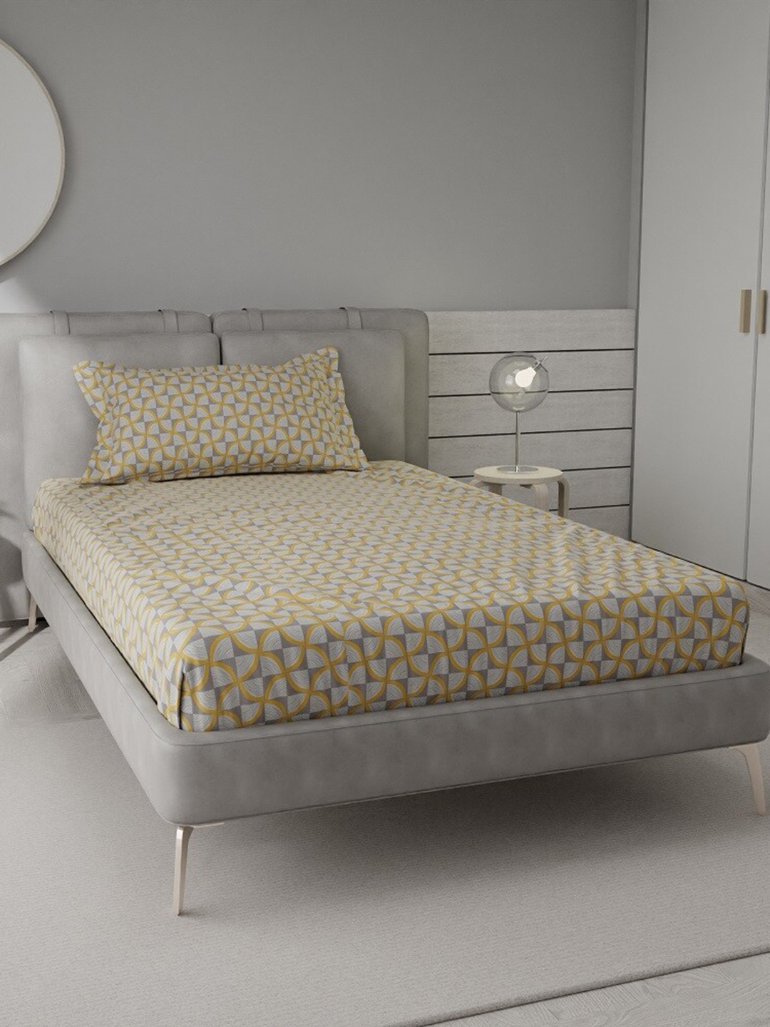 

Stoa Paris Grace Beige & Grey Geometric Single Bedsheet With 1 Pillow Cover