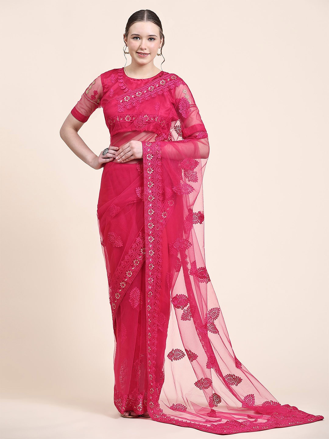 

Nimidiya Floral Ethnic Motif Embroidered Saree, Pink