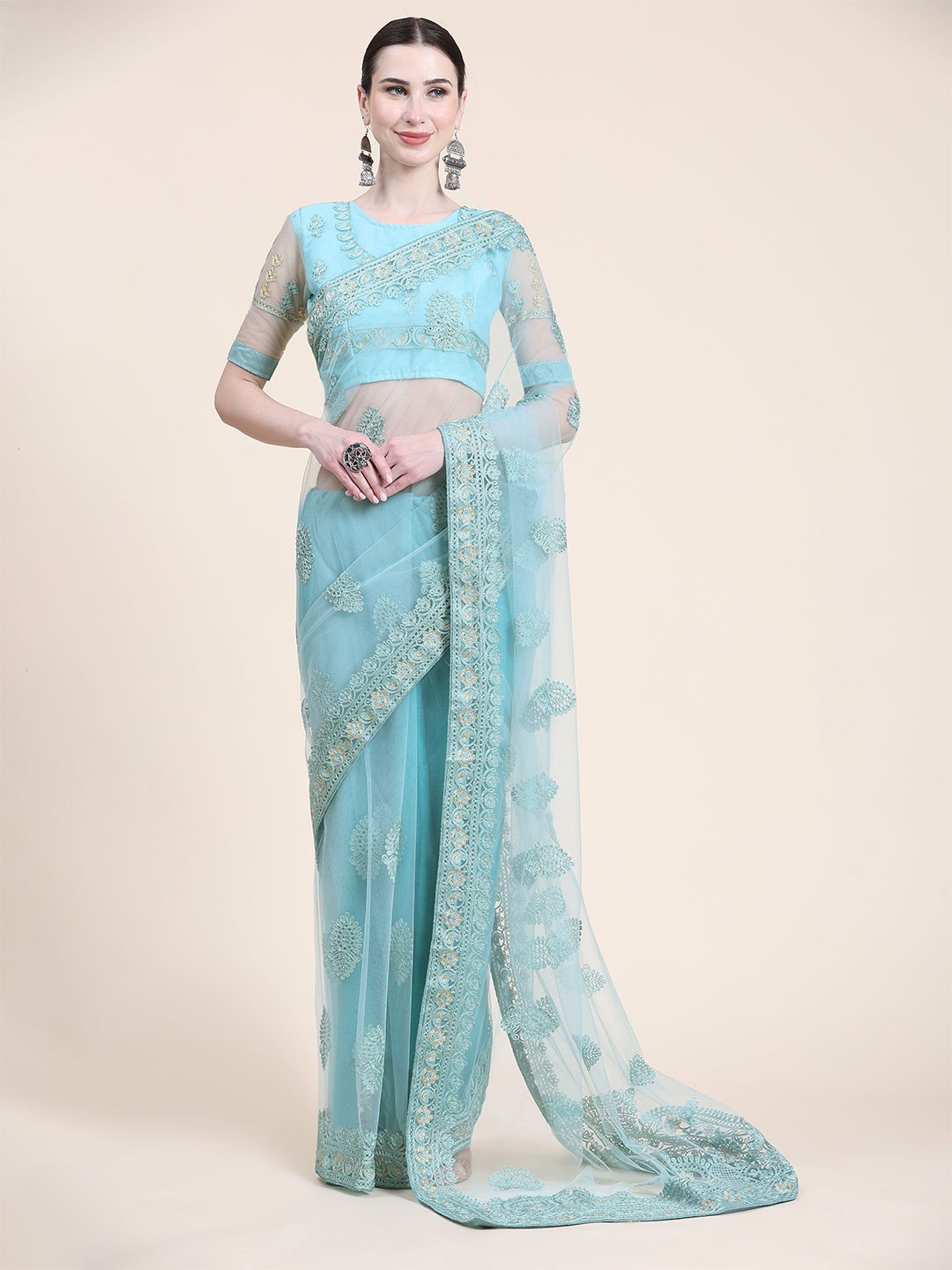 

Nimidiya Ethnic Motifs Embroidered Net Saree, Blue