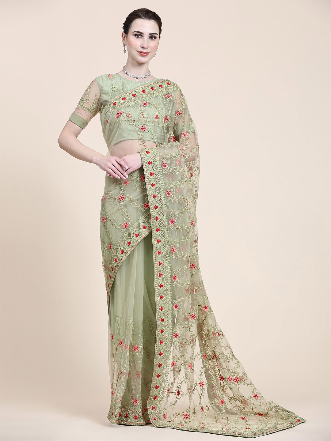 

Nimidiya Floral Embroidered Net Saree, Green
