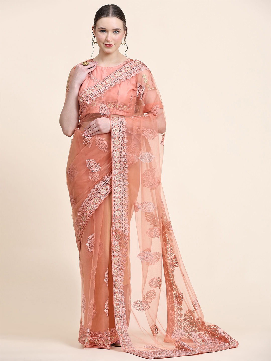

Nimidiya Ethnic Motifs Embroidered Net Saree, Peach