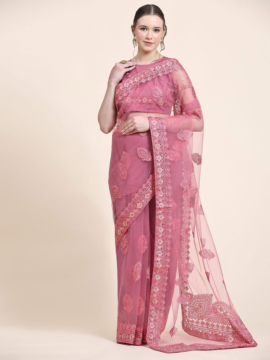 

Nimidiya Floral Embroidered Net Saree, Pink