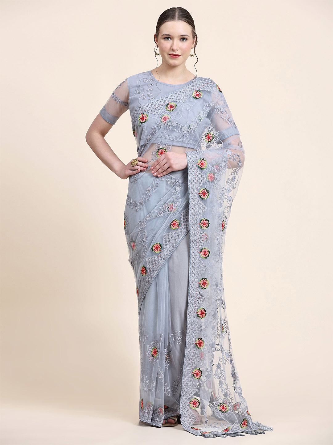 

Nimidiya Ethnic Motifs Embroidered Saree, Grey