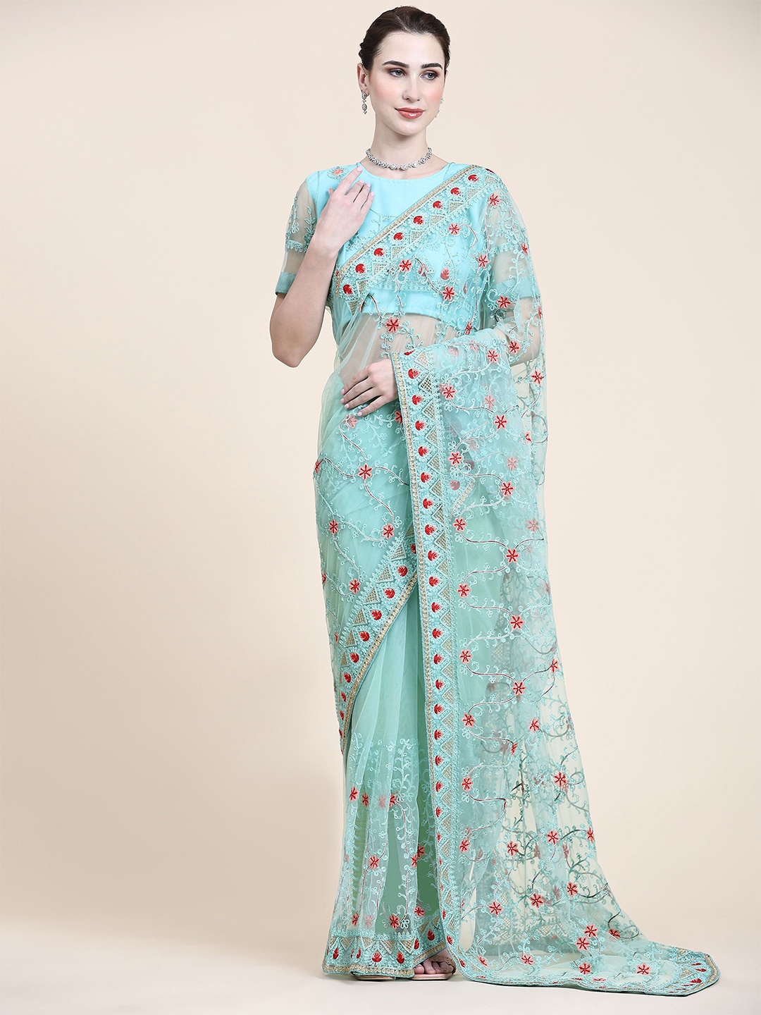 

Nimidiya Ethnic Motifs Embroidered Net Saree, Blue