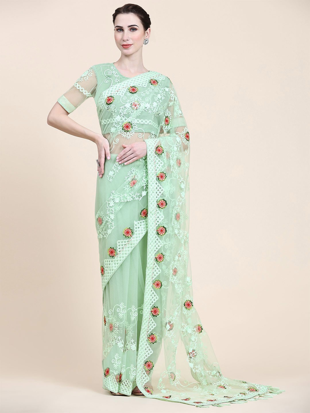

Nimidiya Floral Embroidered Net Saree, Sea green