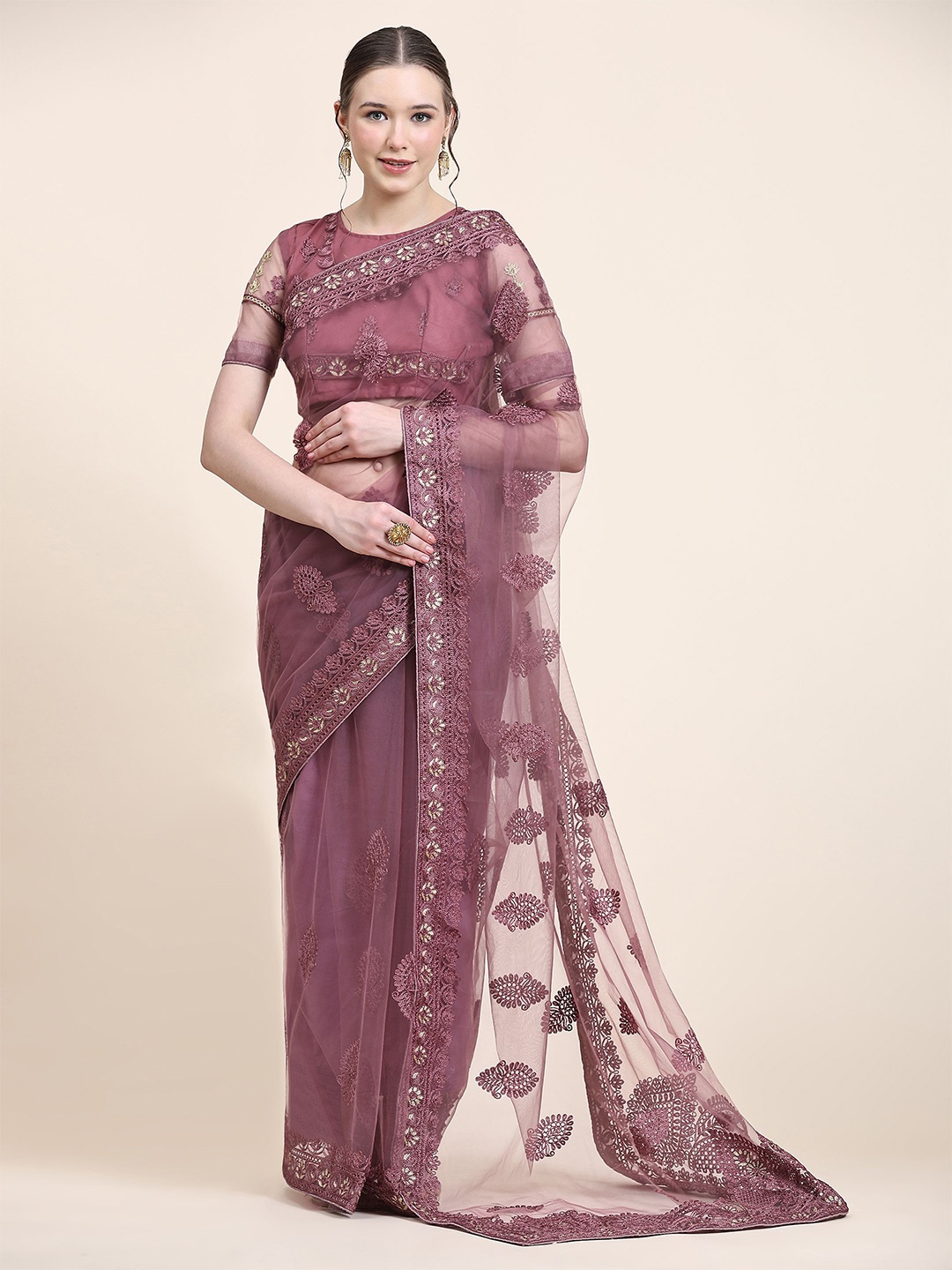 

Nimidiya Ethnic Motifs Embroidered Net Heavy Work Saree, Pink