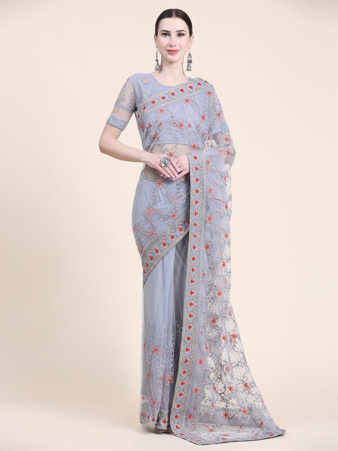 

Nimidiya Floral Embroidered Net Saree, Grey