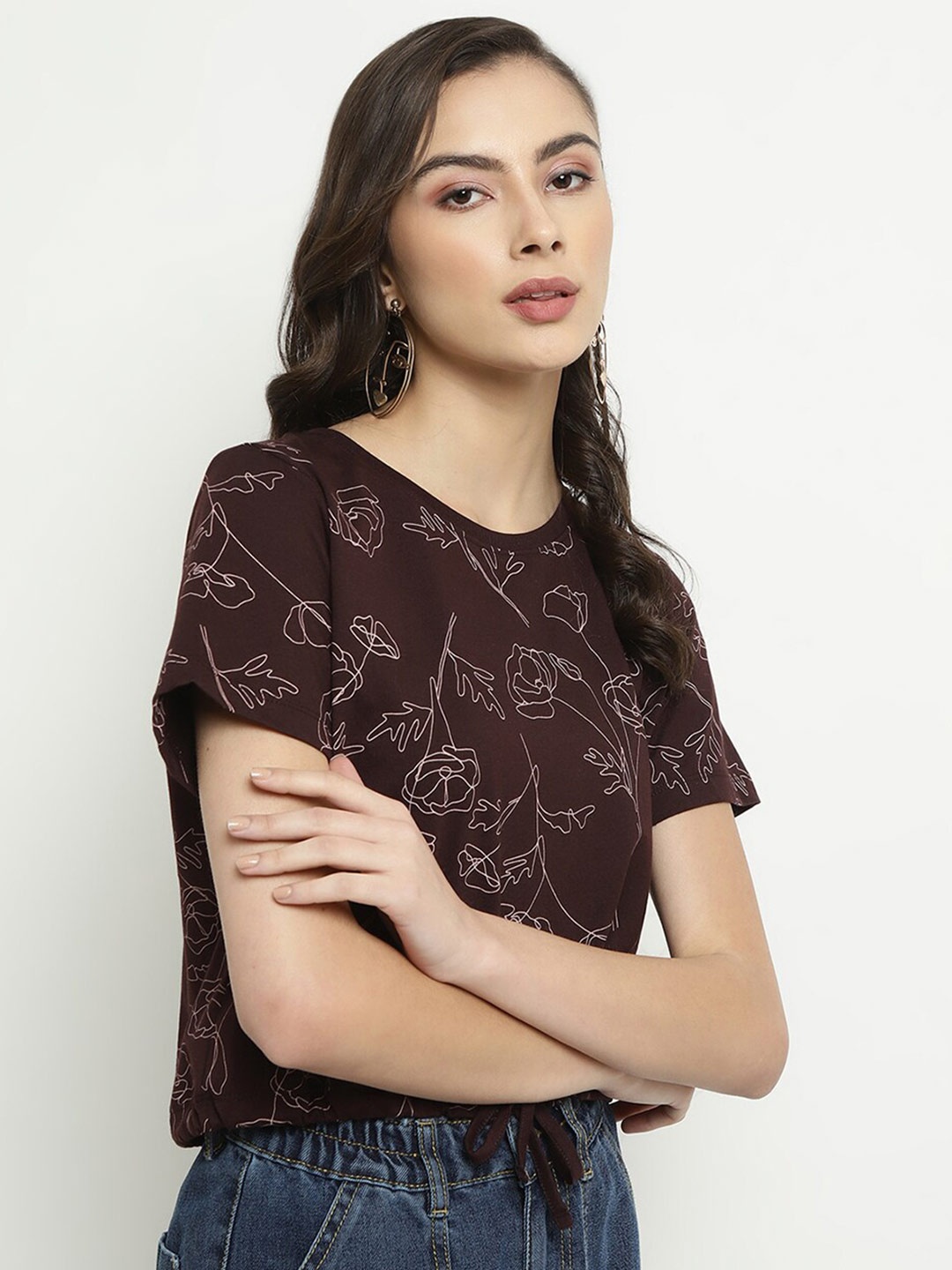 

METTLE Floral Printed Round Neck Cotton T-shirt, Brown