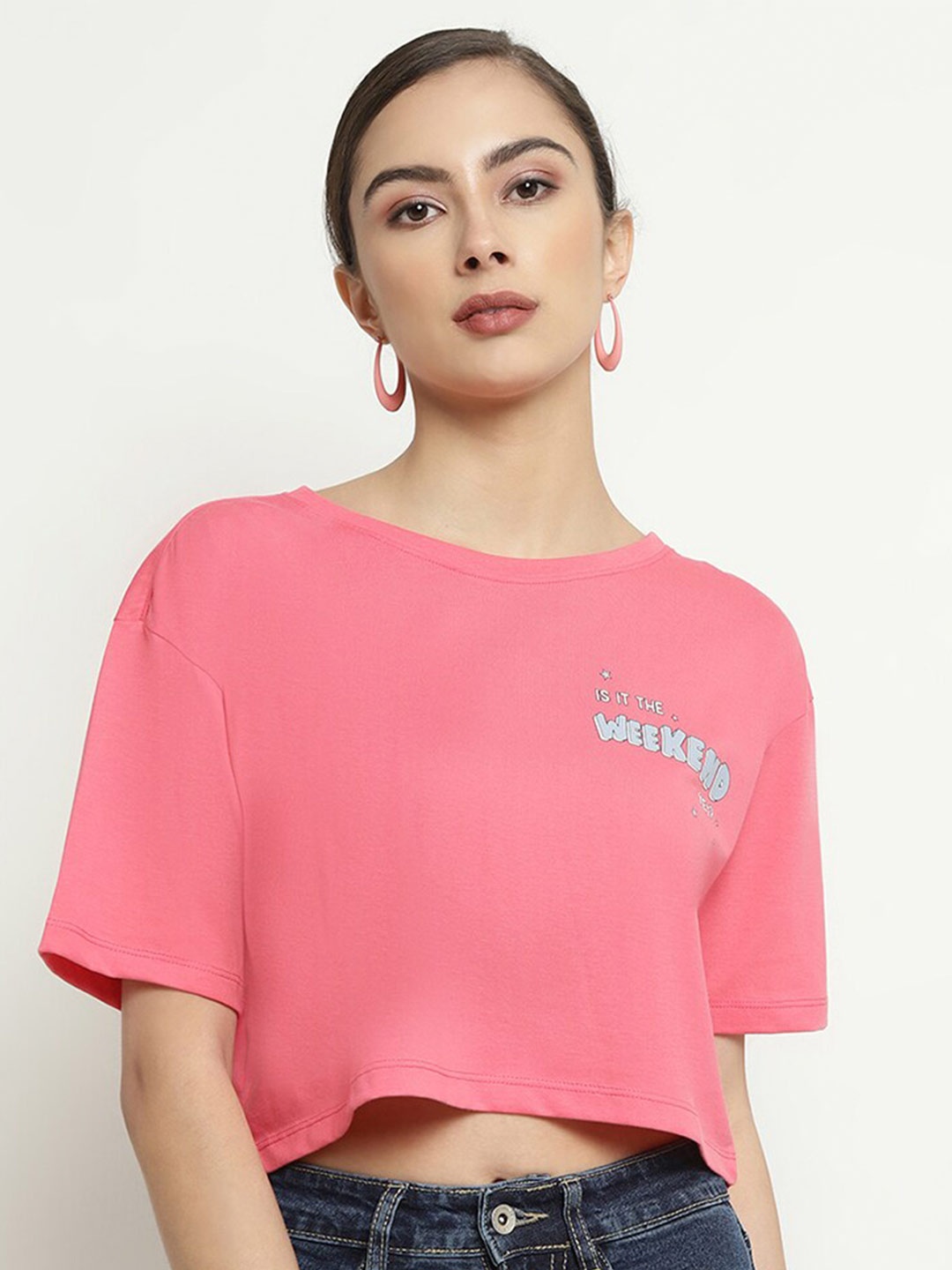 

METTLE Typography Printed Round Neck Cotton Crop T-shirt, Coral
