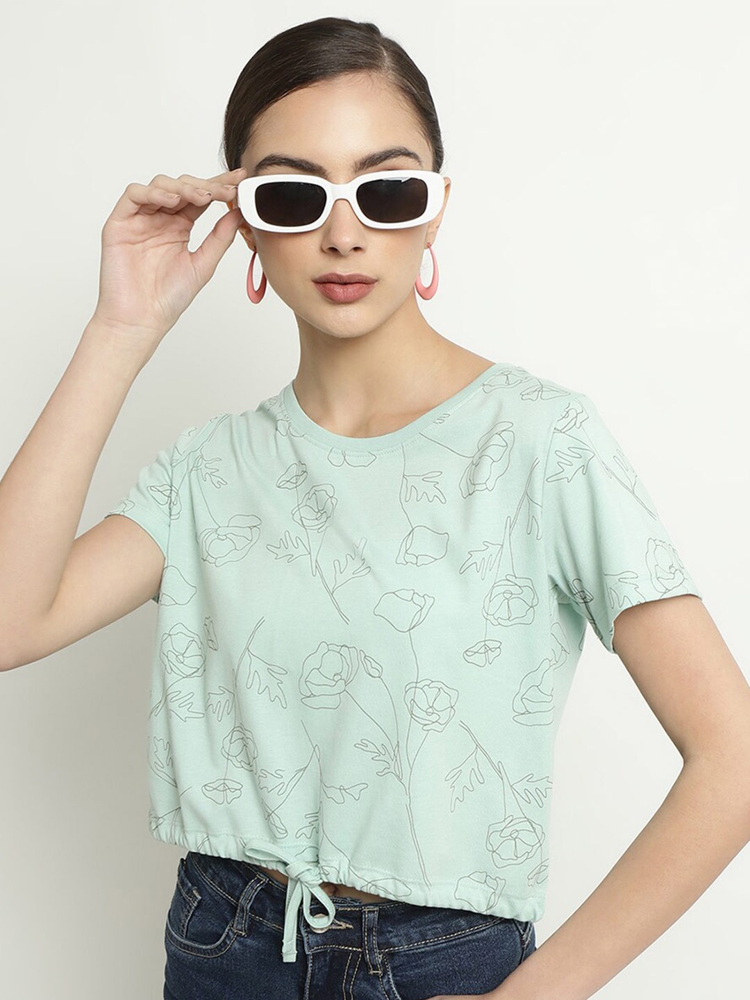 

METTLE Floral Printed Round Neck Waist Tie-Ups Cotton T-shirt, Green