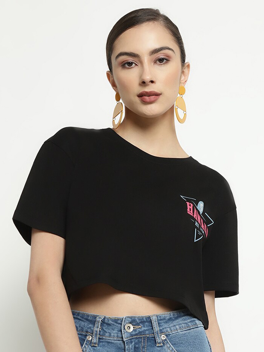 

METTLE Round Neck Short Sleeves Cotton Crop T-shirt, Black