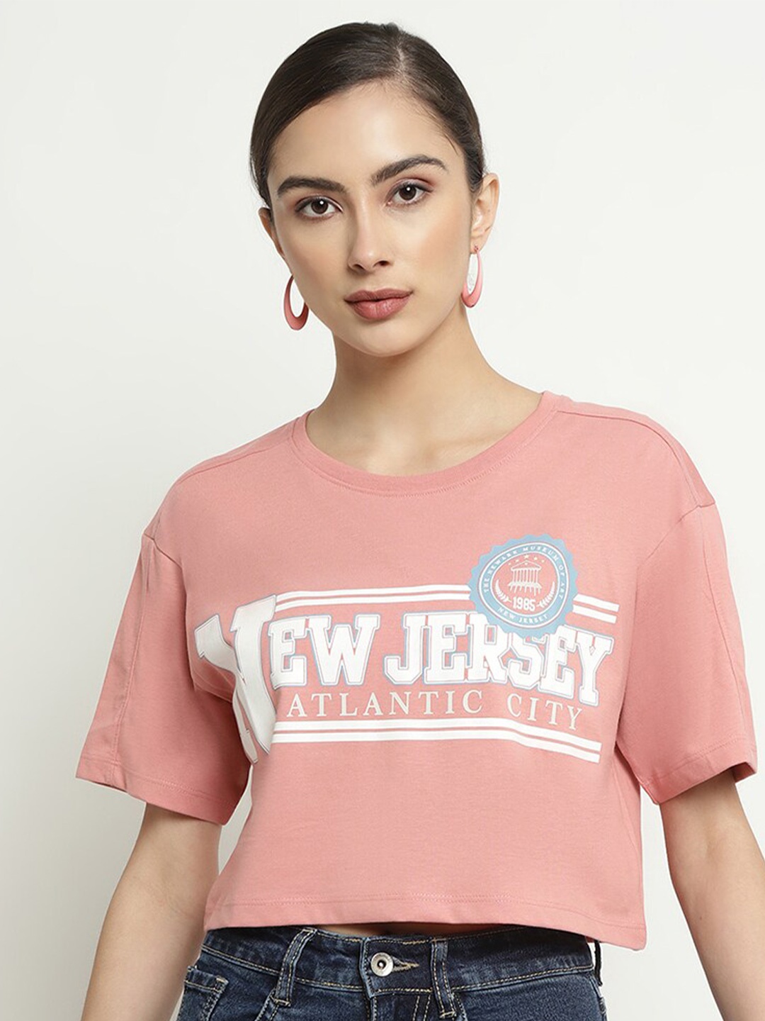 

METTLE Typography Printed Round Neck Cotton Crop T-shirt, Pink