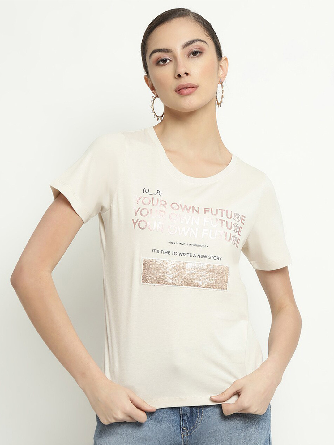 

METTLE Typography Printed Round Neck Cotton T-shirt, Beige