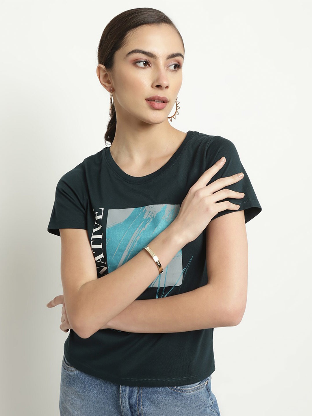 

METTLE Typography Printed Round Neck Cotton T-shirt, Teal