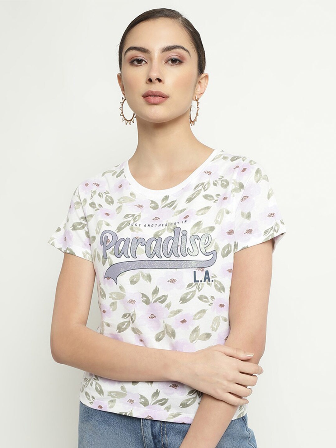 

METTLE Floral Printed Round Neck Cotton T-shirt, White